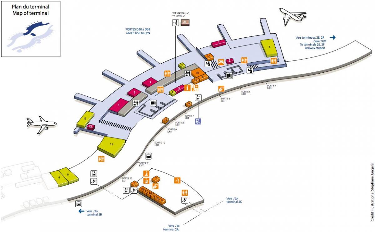 Zemljevid CDG letališki terminal 2D