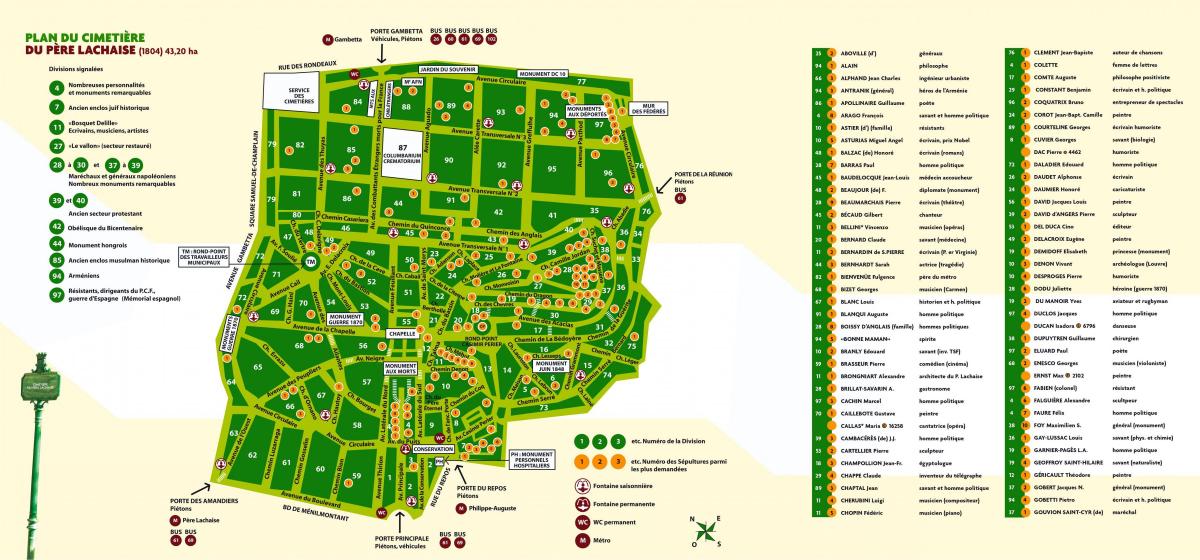 Zemljevid Père-Lachaise Pokopališču